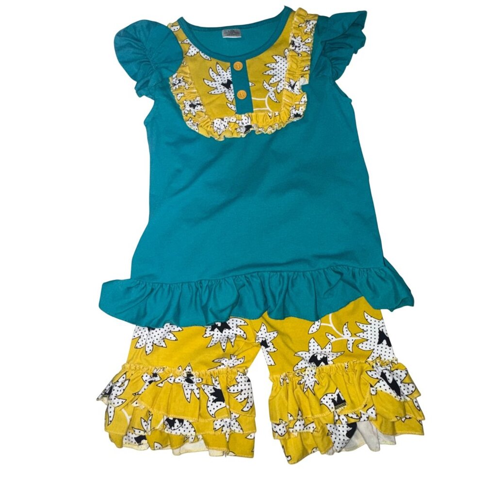 Girls 2-Piece Outfit XXL Teal Yellow Floral Cotton Blend